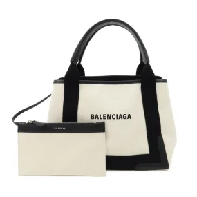 BALENCIAGA Navy Cabas S Canvas Leather Tote Bag Ivory 339933