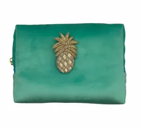 Marine make-up bag & gold pineapple brooch - recycled velvet, large and small