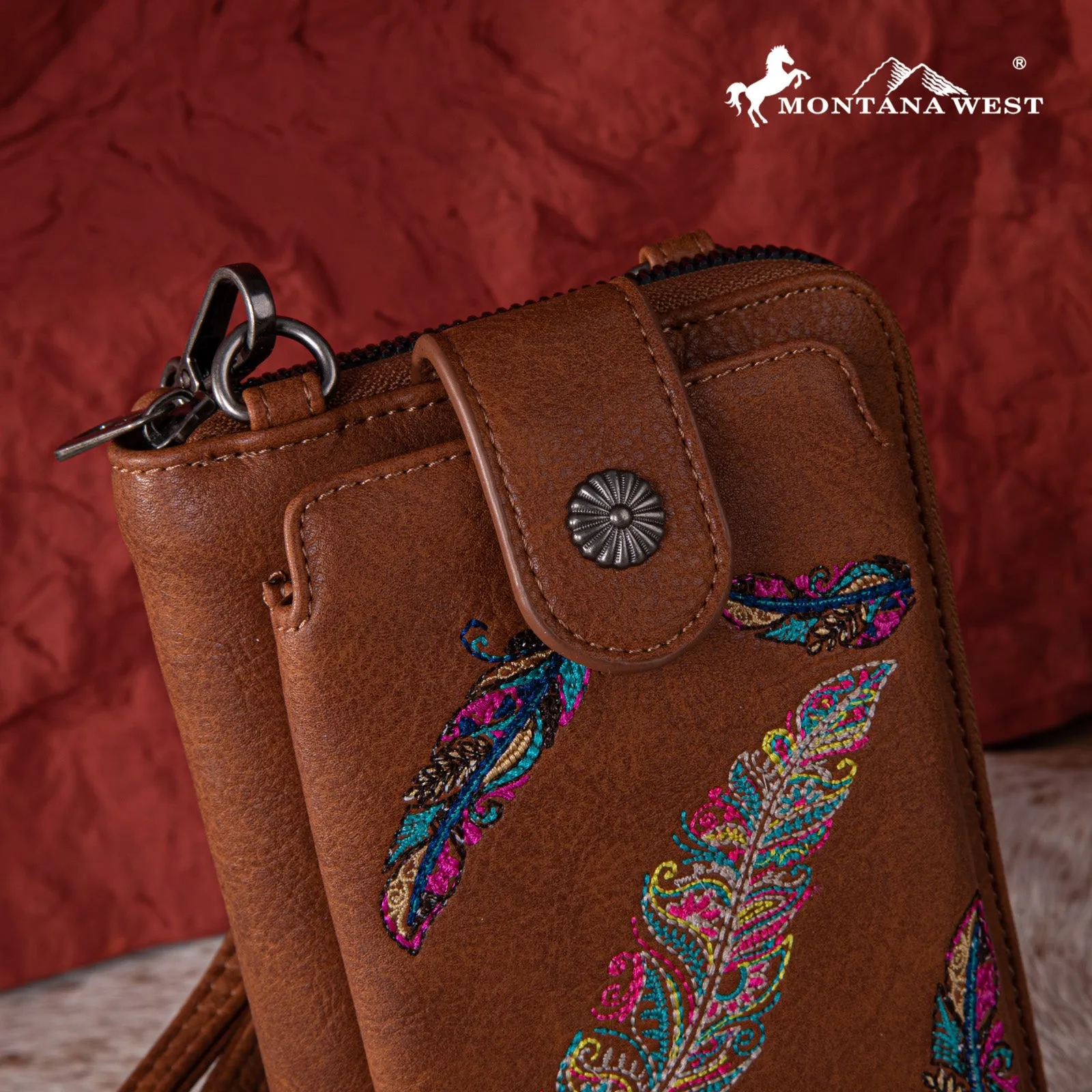 Montana West Embroidered Feather Crossbody Phone Wallet