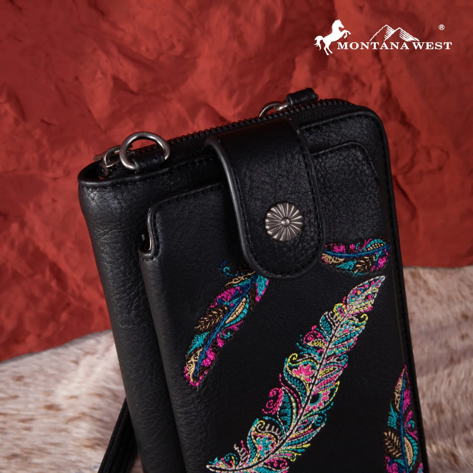 Montana West Embroidered Feather Crossbody Phone Wallet