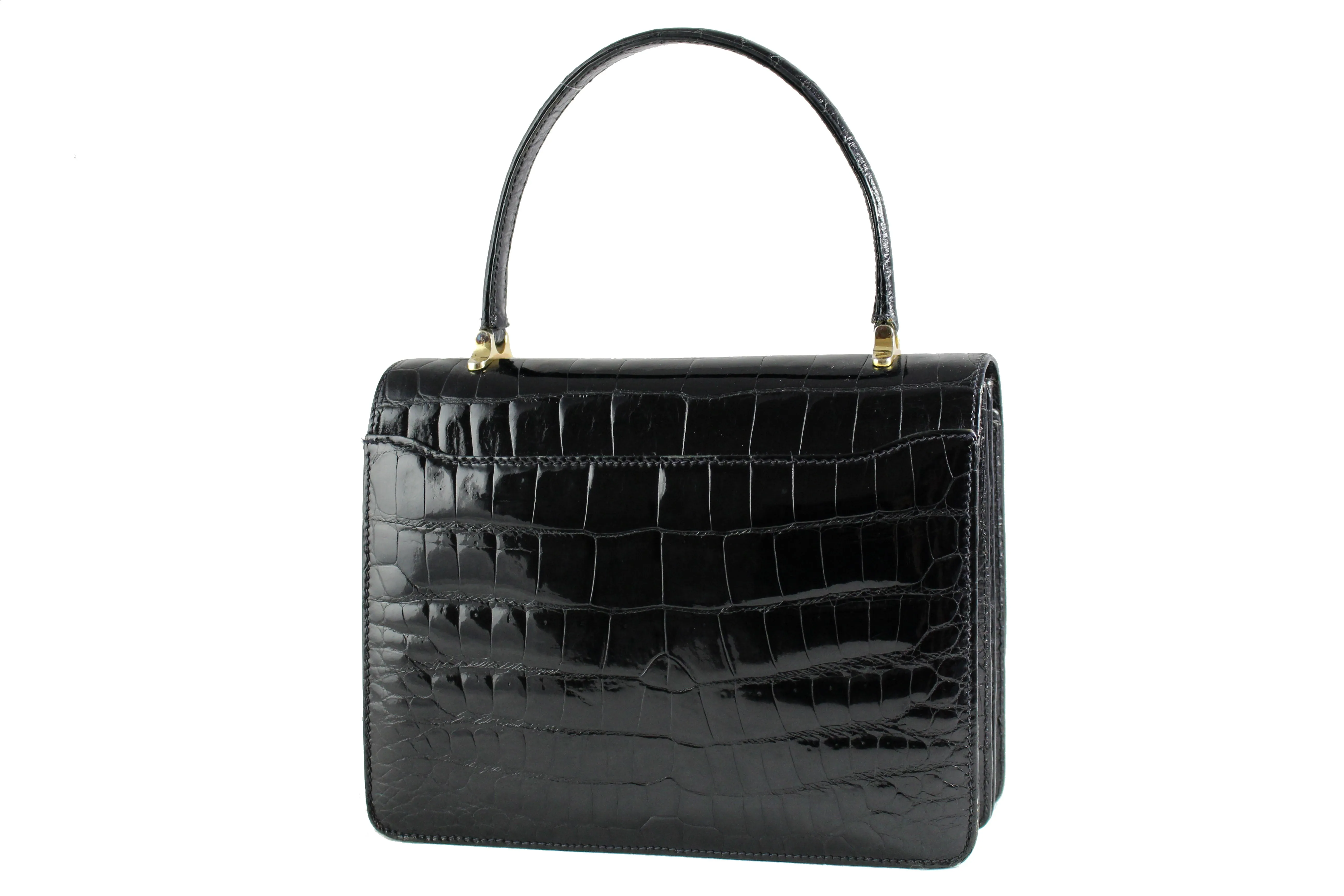 ORLAN jet black crocodile skin flap handbag with central clasp